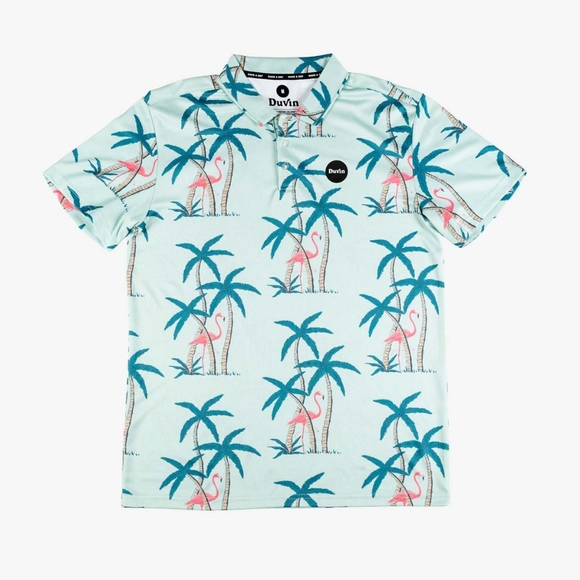 Duvin Tropical Hour Palms and Flamingos Golf Polo NWT Size Large - Picture 1 of 7